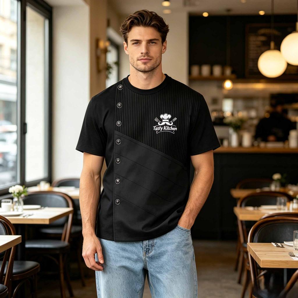 Męska koszulka z krótkim rękawem, styl haftu z nadrukiem, koszulka z logo uniformu kuchennego dla personelu kuchennego restauracji, hotelu