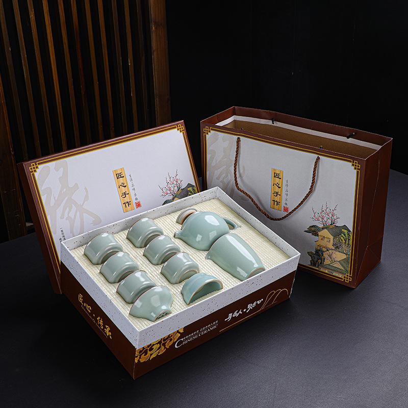 Wjg Pretty B Ru Kiln Tea Set, Retro Kung Fu Teapot Cover Bowl, Ru Porcelain Opening Film Can Be Raised, Business Insurance Bank Ceramic Gifts
