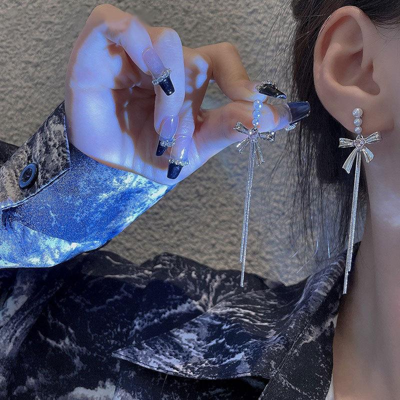 Pearl Bow Tassel Earrings for Women with Niche Design High-end Long Style