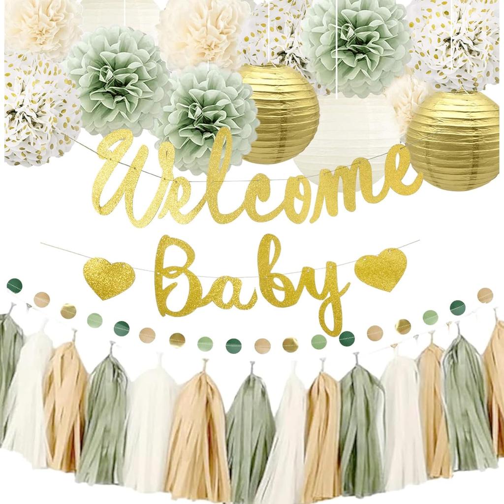Baby Shower Decorations Neutral Sage Green and Gold Party- Welcome Baby Banner,Tissue Pom Poms,Paper Lanterns,Circle Dot & Tassel Garland- Baby
