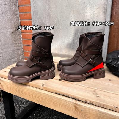 New Spot Short Boots Women's 2025 Autumn and Winter New Inner Height Increase Martin Boots Women's Boots Retro Belt Buckle Thick Heel Western