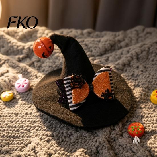 Halloween Pet Accessories Cat Wizard Hat, Bent Pointed Hat with Pumpkin Bell, Festive Costume Sequined Bow for Cats Small Dogs