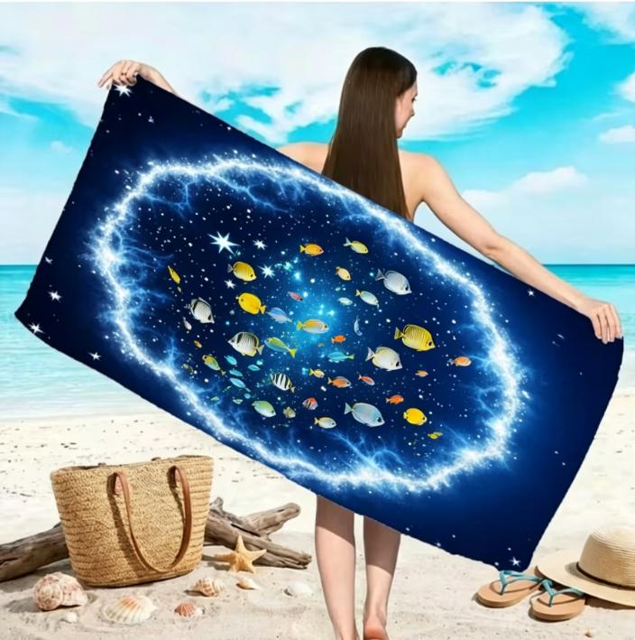 Large Microfiber Beach Towel,Cosmic Dolphin & Starry Sky Print, Sand Free & Quick Dry, for Magical Ocean Themed Summer Beach Use