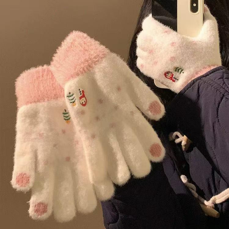 Niedliche Plüsch-Schneemann-Touchscreen-Winterhandschuhe für Mädchen