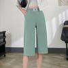 Summer Ice Silk Casual Pants Elastic Waist Pockets Cropped Pants Solid Color Wide Leg