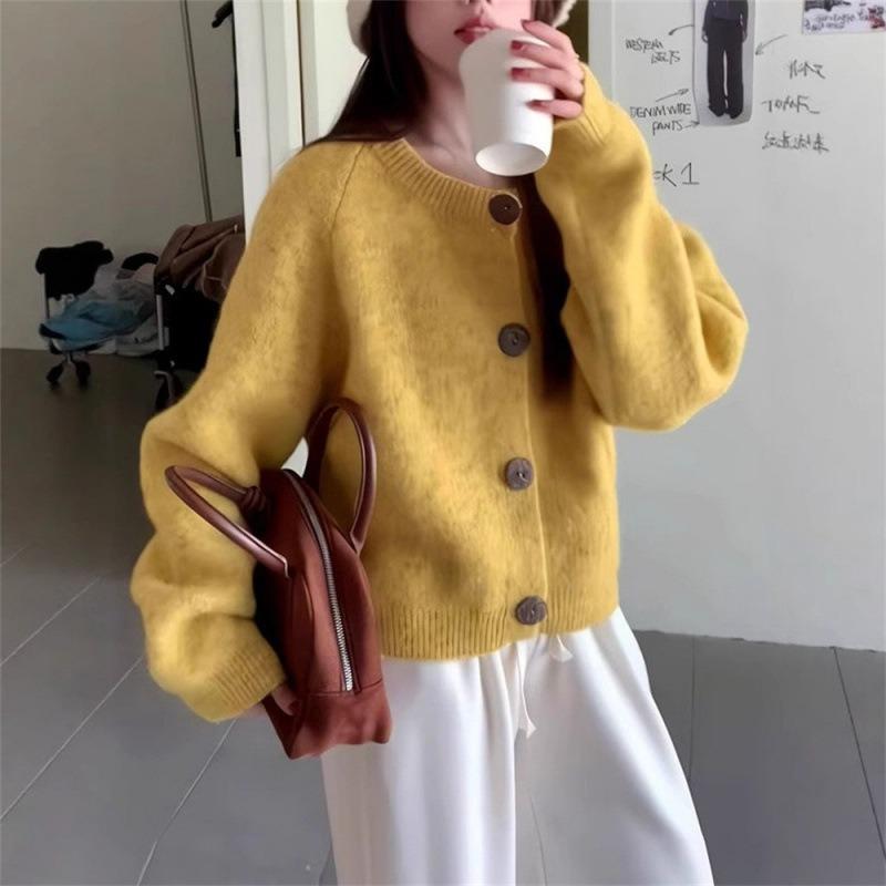 Crew Neck Short Knitted Cardigan Women's Autumn New Women's Clothing Top Design Button Sweater Jacket