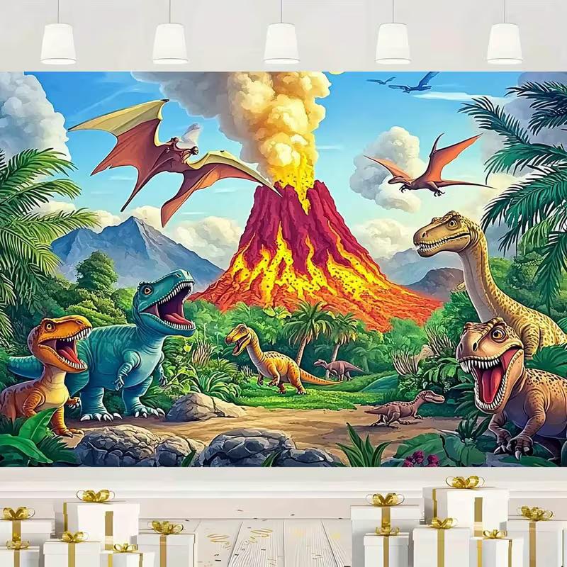 

2D Toddler Party Background Cloth Cartoon Dinosaur Volcano Banner for Decor 47.2x31.5inch/120*80cm