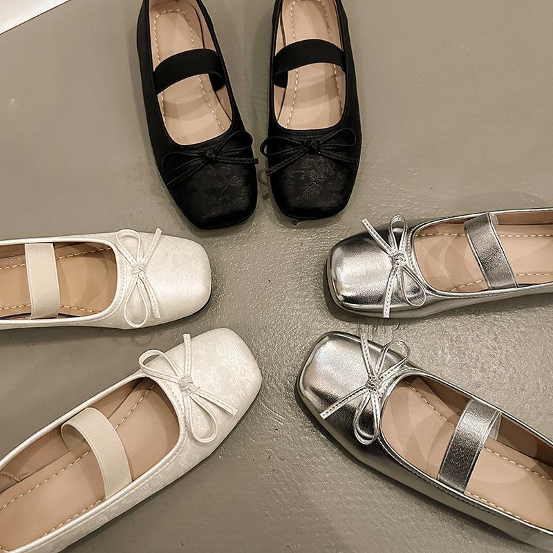 Fashion Fashion Bow Mary Jane Flat Shoes for Women Spring New Design Soft Sole Ballet Single Shoes Woman Elegant Silver Leather Flats