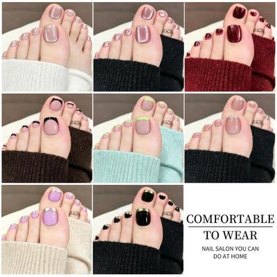 96 Stuks/Doos Kattenoog Nep Teennagels Frans Ontwerp 4 Kleuren Kort Vierkant Press-On Teennagel Glanzend Volledige Dekking Nagelverlenging