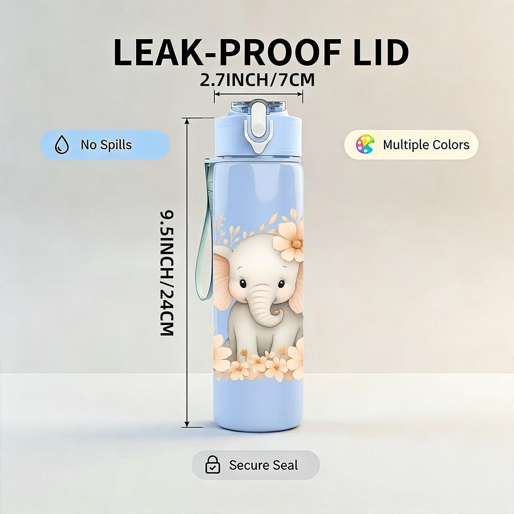 1PC Soft Floral Baby Elephant 750ml Color Plastic Sports Water Bottle Leakproof Flip Straw Lid Suitable for Sports Office Home Use