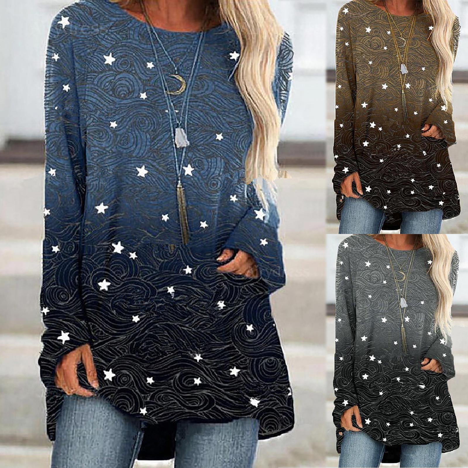 

Women s Fasion Casual Printed Long-sleeved Midi Loose T-shirt Top