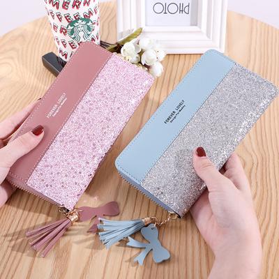 New Wallet Long Women's Zipper Wallet Women's Korean Edition Spliced Contrast Tassel Versatile Card Bag Mobile Bag Card Bag