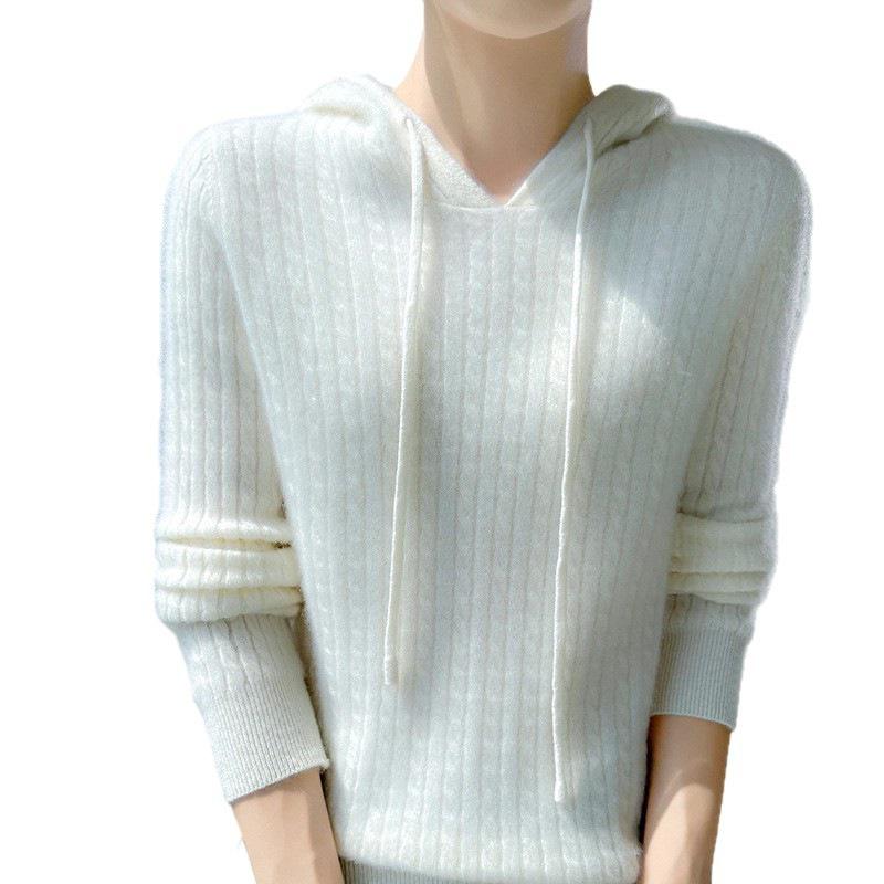 Women's 100% Pure Wool Cable Knit Hoodie Sweater - Autumn/Winter Collection.