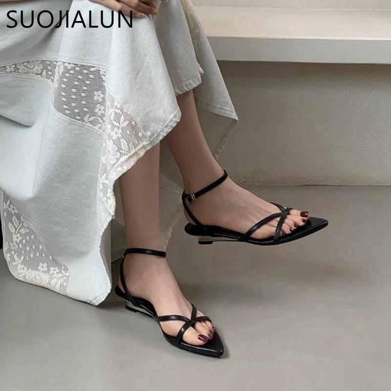 Fashion SUOJIALUN 2025 Summer New Brand Women Sandal Fashion Narrow Band Ladies Elegant Gladiator Shoes Square Low Heel Slides Shoes