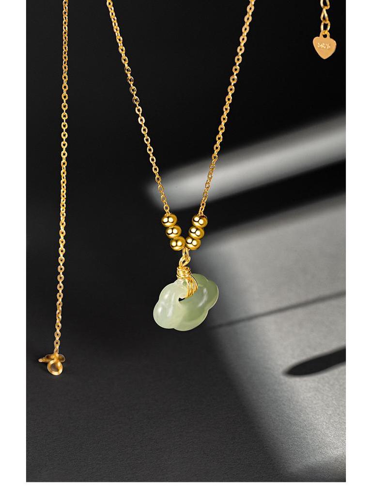 925 Silver Peace Lock Necklace with Hetian Jade & 14K Gold Clavicle Chain, Featuring a Retro Ruyi Longevity Lock Pendant for Women.