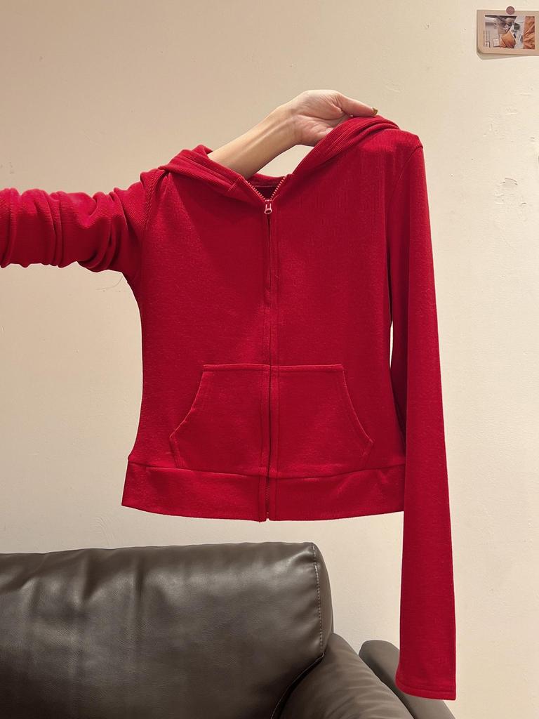 Women's High-End 2025 American Retro Red Hooded Zip-Up Sweatshirt with Long Sleeves for Autumn