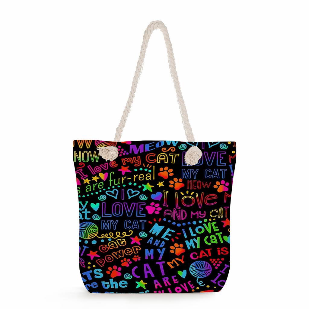 Multifunctional Dog Paws Printed Thick Rope Shoulder Beach Bag Casual Large Capacity Handbag 7601