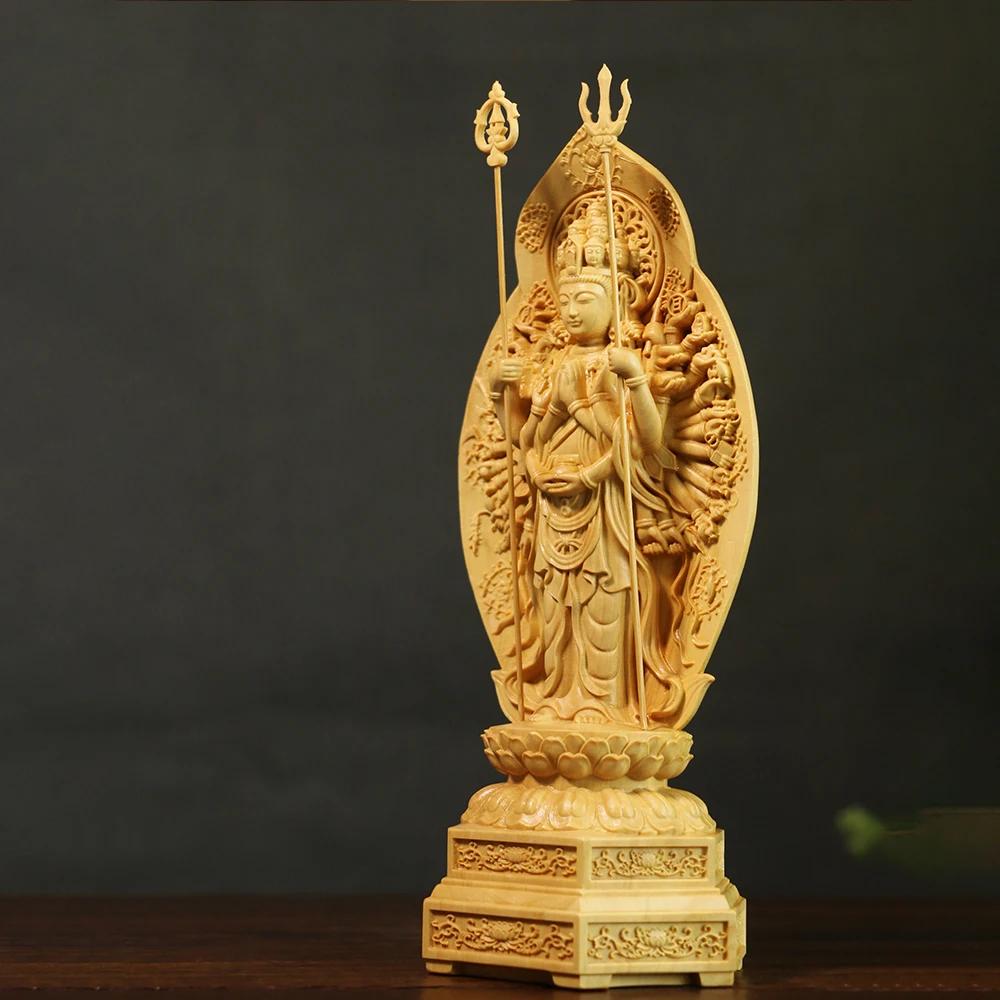 Feng Shui High 20cm Buddha Boxwood Thousand-Hand Guanyin Sculptur Home Decor