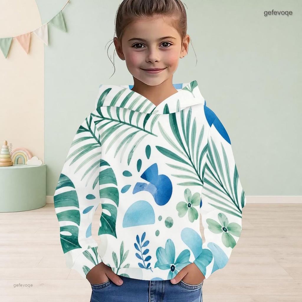 Girls Long Sleeve Hooded Pullover Tropical Leaf Printed Sweatshirt