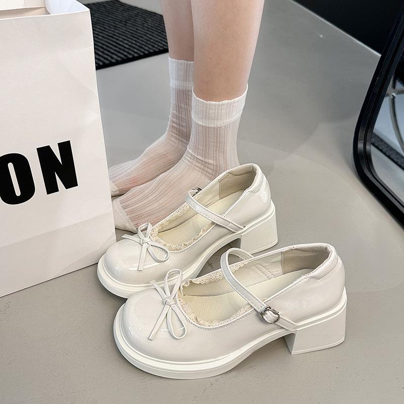 Bow temperament high heels ballet women's leather shoes new summer retro lace edge heightening Mary Jane single shoes
