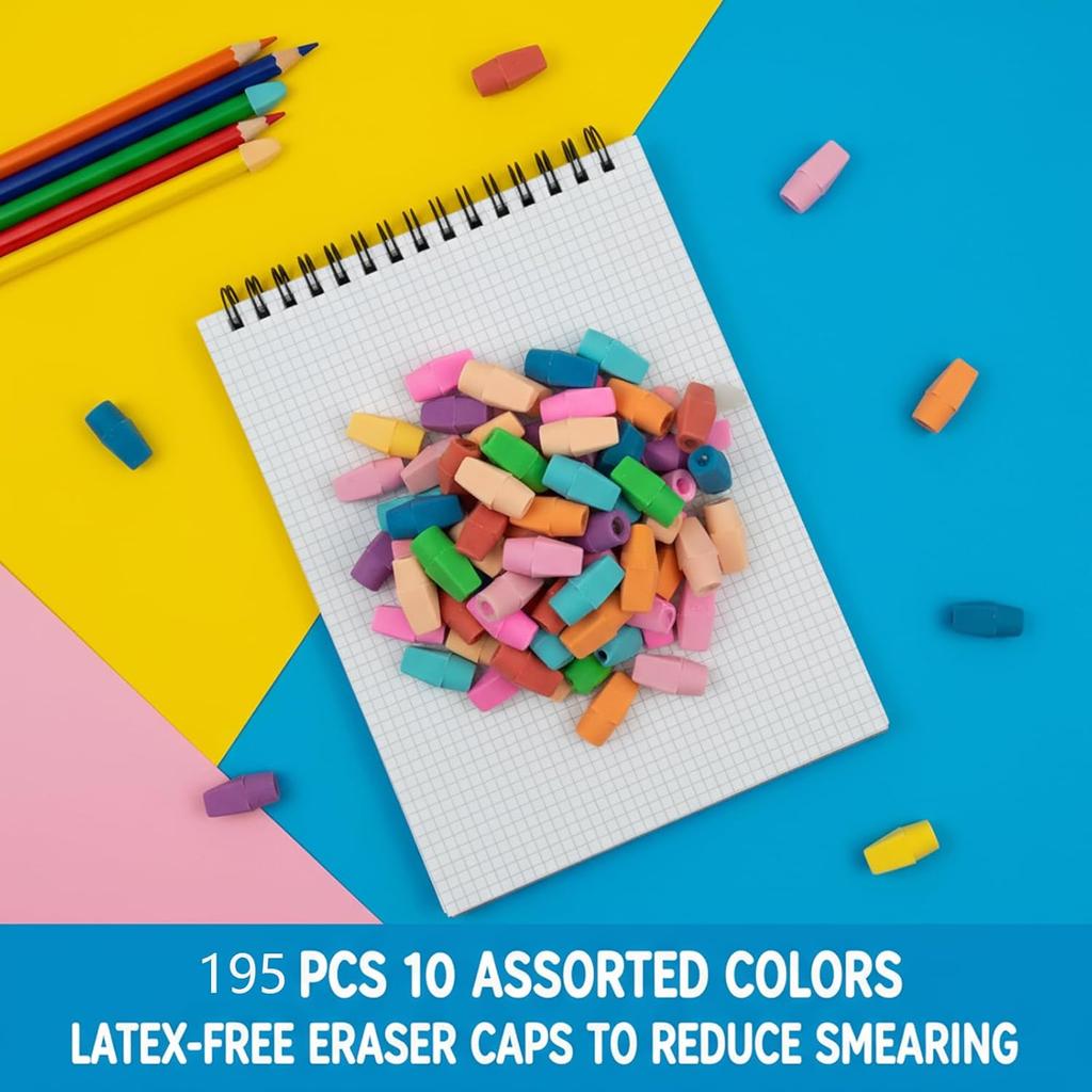 195PCS Pencil Top Erasers, Latex Free Chisel Shape Top Pencil Erasers, 10 Assorted Colors Classroom Erasers for Teachers, Students, School and