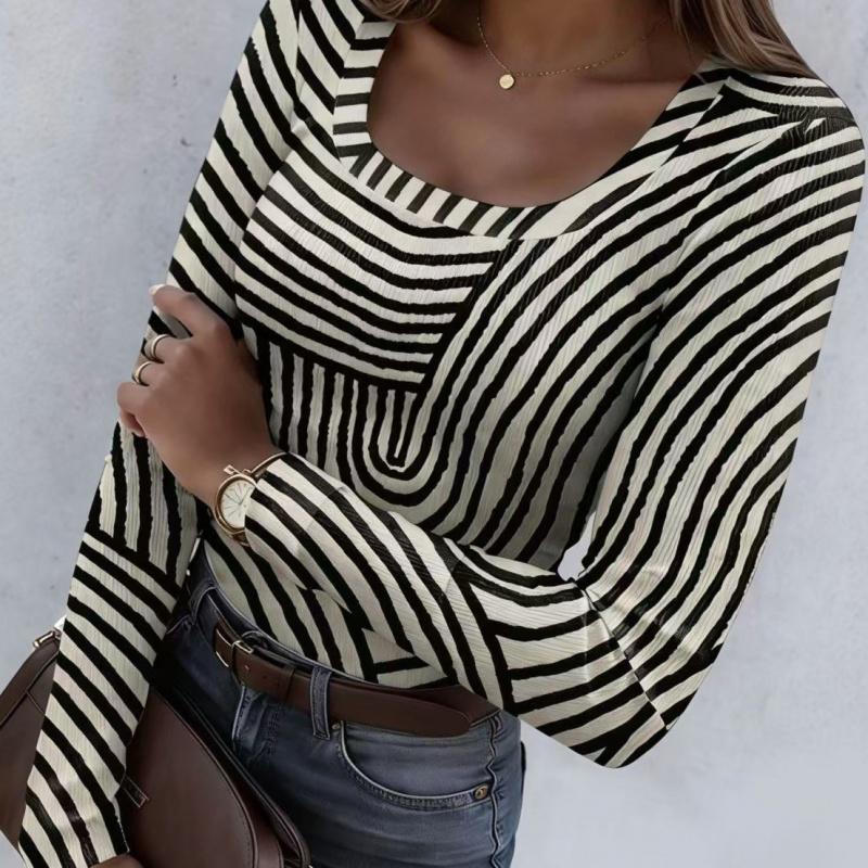 2026 Spring/Summer New Striped Long-Sleeve Top U-Neck Fashion Trend Slim-Fit Women's Clothing