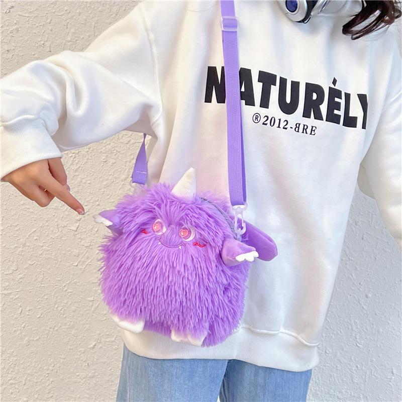 Girly Heart Cartoon Monster Plush Shoulder Diagonal Bag, Cute Single-eye Mobile Phone Bag Women's Bag