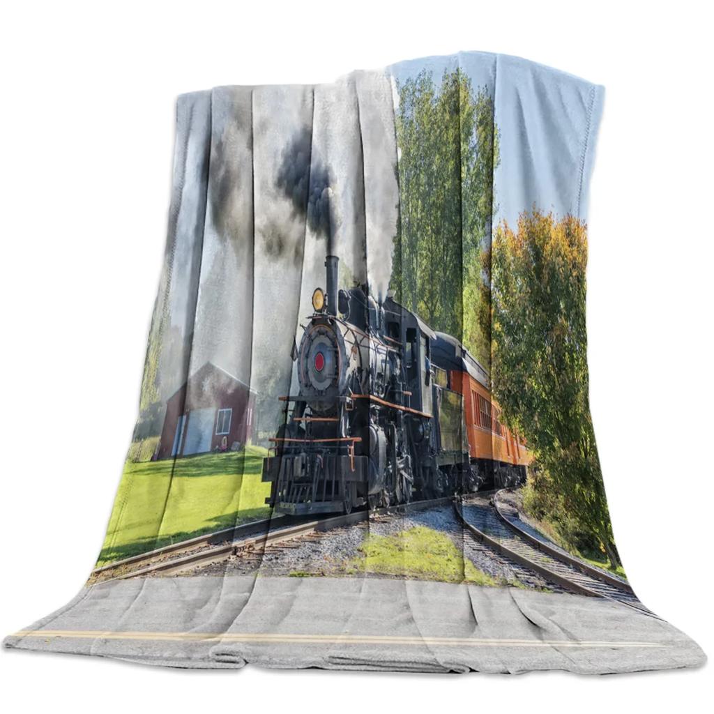 Flannel Blankets The Steam Age Of Old Trains Blanket Cushion Warm Throws on Sofa Bed Home Bedspread Travel Fleece Blanket Queen