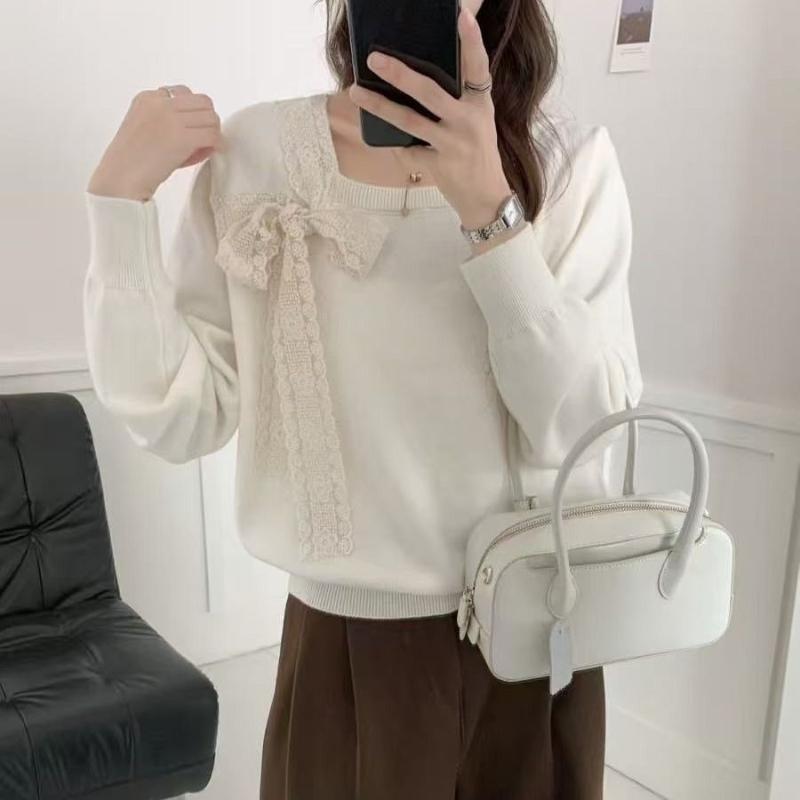 Square-neck Long-sleeved Knitted Sweater, Women's Spring and Autumn Large-sized Tie Bow Top Base Layer