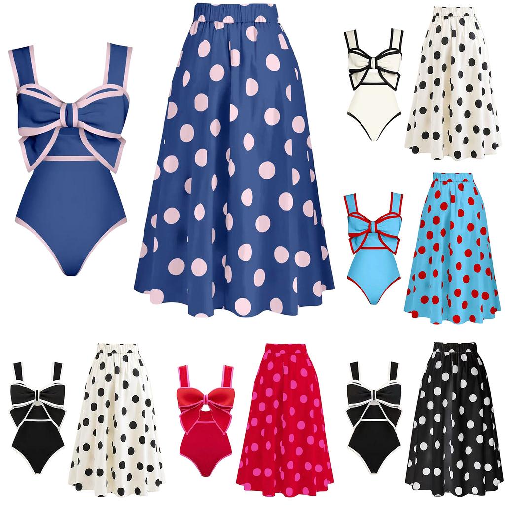 Women's Fashion Bowknot Round Skirt One-piece Conservative Belly Covering Sexy Skirt Beach Dress Swimsuit