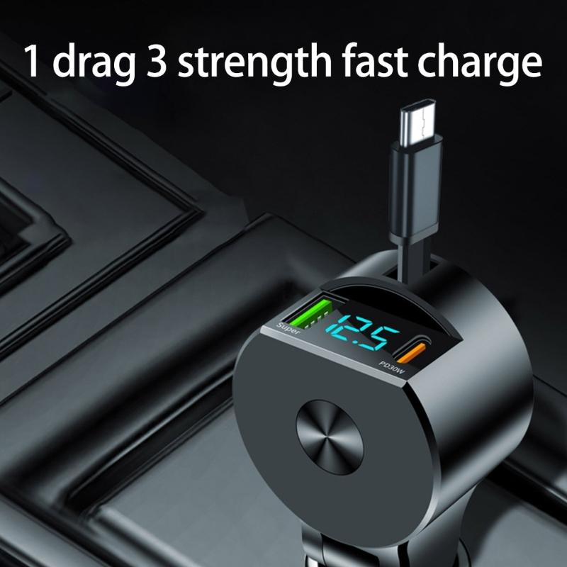 Portable Car Charger with Extendable Cord Support PD30W Quick Charging 12V-24V Wide Voltages Compatibility for Phones