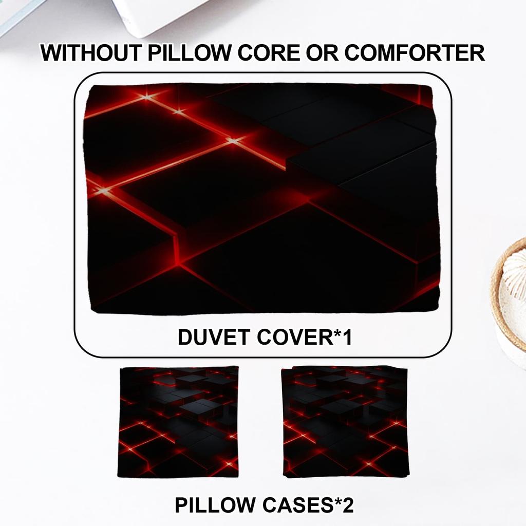 3pcs Red Glowing Geometric Cubes Print Duvet Cover Set – for Kids Gift 100%Polyester, Soft, Breathable for Bedroom Decoration