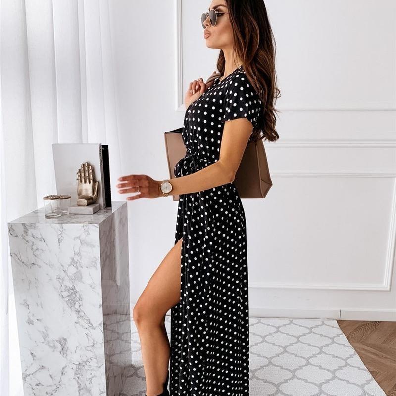 Short-sleeved V-neck Summer Fashion Sexy Casual Long Skirt Bohemian Polka-dot Print Dress EMA