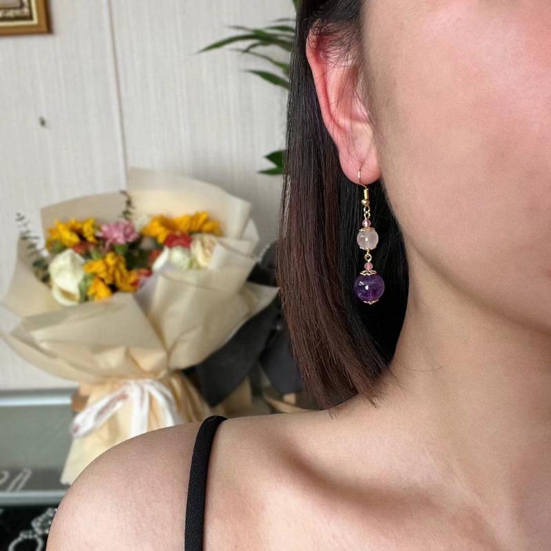 Gold Plated Natural Amethyst Clear Quartz Beaded Drop Earrings