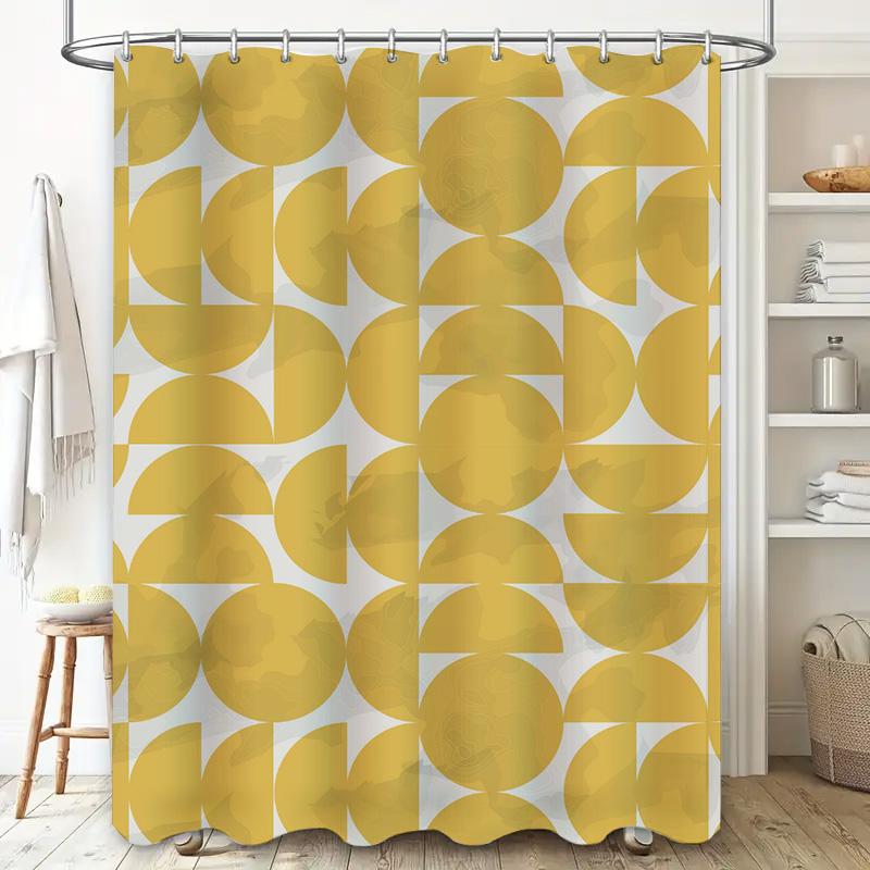 Gold Geometric Shower Curtain with White Rings Bathroom Decor for Home Hotel Waterproof and Washable Fabric 72 inches Long (30x6