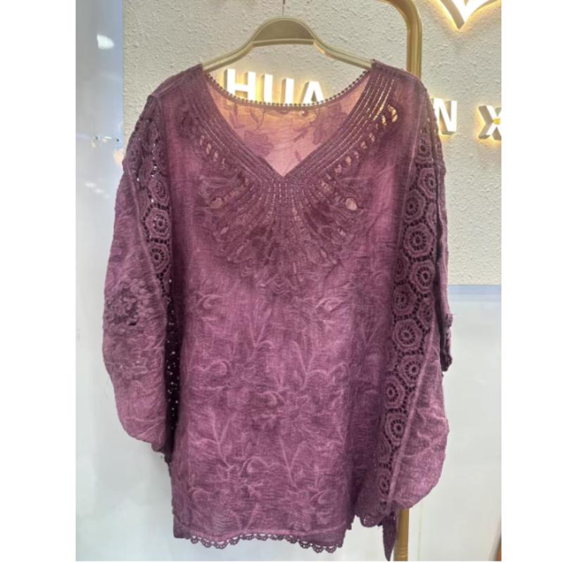 Top da Donna Stile Vacanza Cotone Stile Straniero Lavorazione a Maglia Intrecciata Ricamo in Pizzo Scollo a V Ampio e Morbido Camicetta Parasole