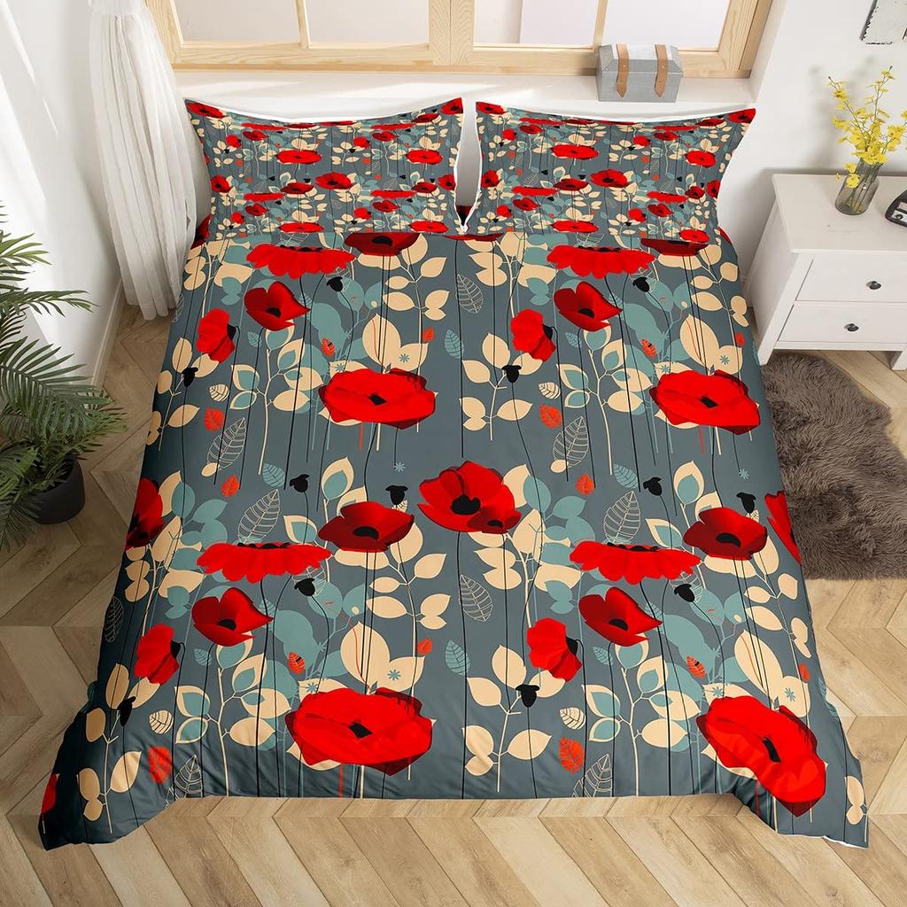 Flower Duvet Cover Set, Little Red Spring Summer Time Garden Florals Poppy Decorative 3 Piece Bedding Set with 2 Pillow Shams