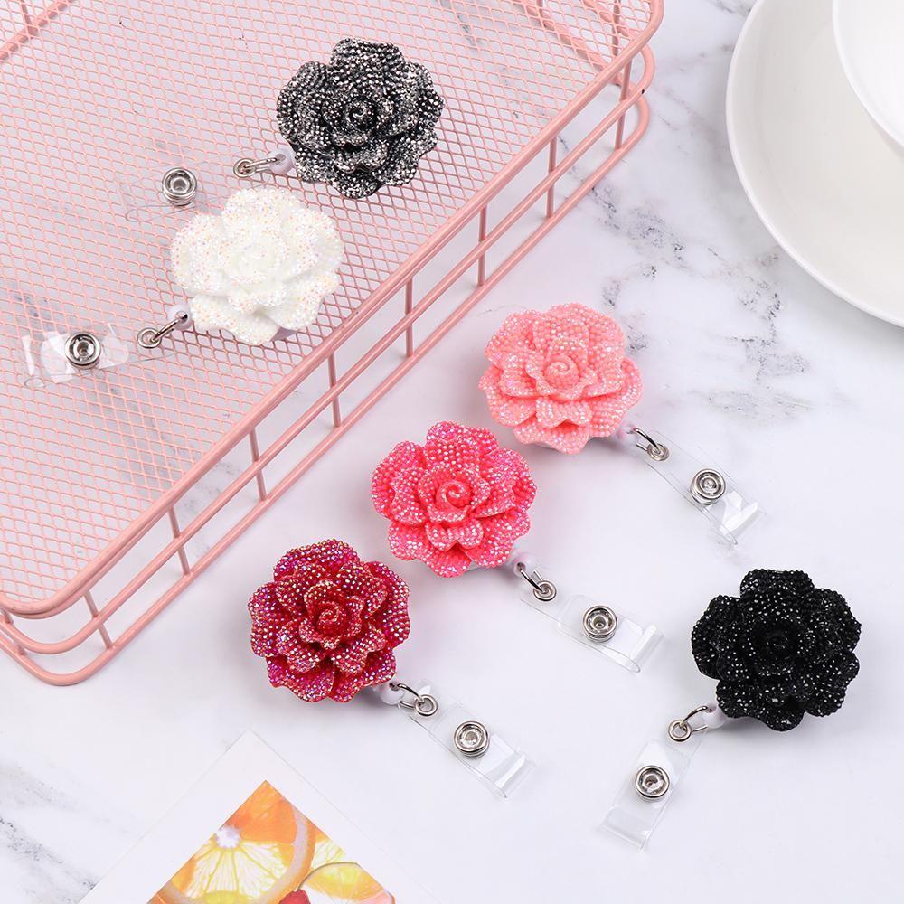 Fashion Lanyards ID Name Card Stationery Retractable Rose Shape Badges Holder Key Ring Badge Reel