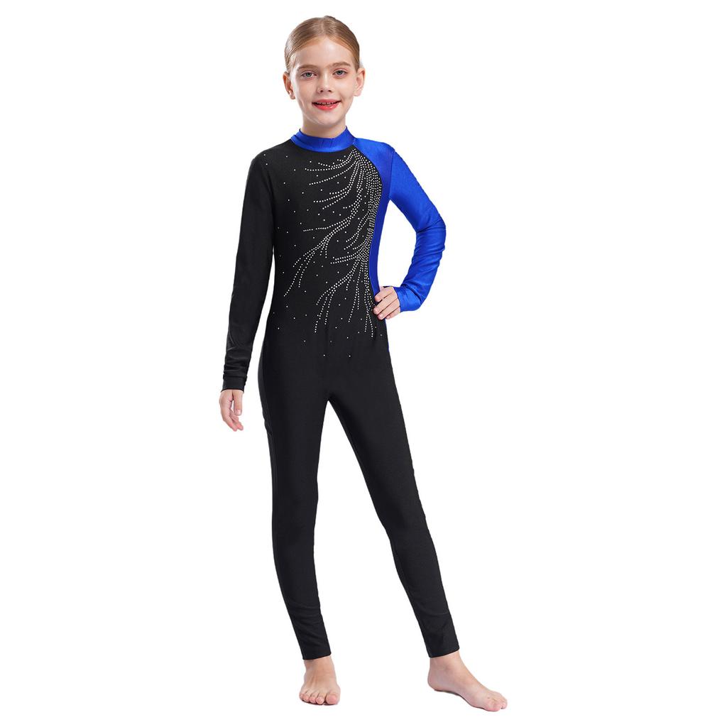 Girls Sparkly Rhinestone Jumpsuit Long Sleeve Round Collar Hollow Back Patchwork Style Dance Performance Outfit