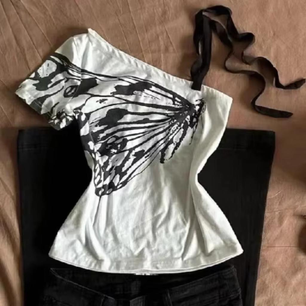 Camisetas de verano de dos piezas con cuello halter y vendaje estilo vintage, camisetas Y2k estéticas ajustadas, camisetas sexis informales con estampado grunge para mujer