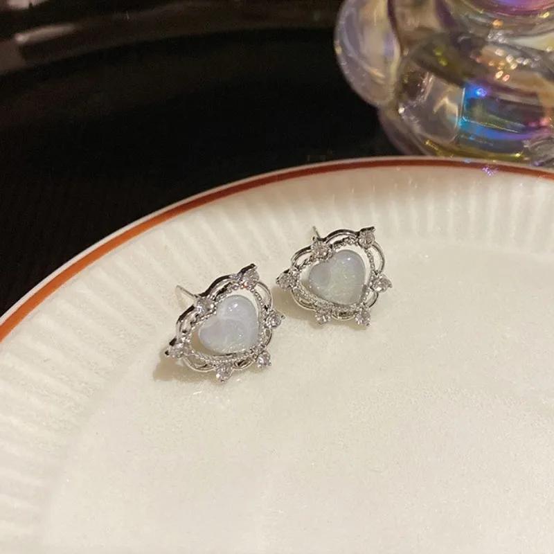 Cute Romantic Opal Heart Stud Earring for Women New Trend Multilayer Rhinestone Korea Earring Jewelry Accessories Girls Gift