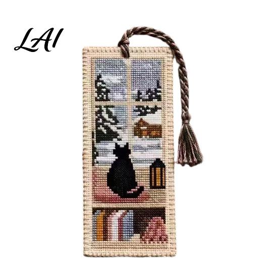 Embroidered Book Page Marker Seasonal Cat Cross-Stitch Bookmark Four Seasons Black Bookmark