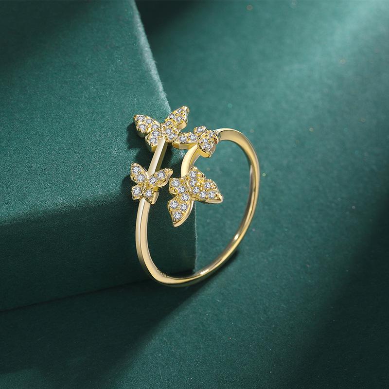 Open Adjustable S925 Sterling Silver Butterfly Ring with Full Diamonds