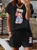 2026 Summer Women's Suit Set Fashionably Comfortable and Soft 3D Sunglasses with Bear Pattern Print Versatile and Casual