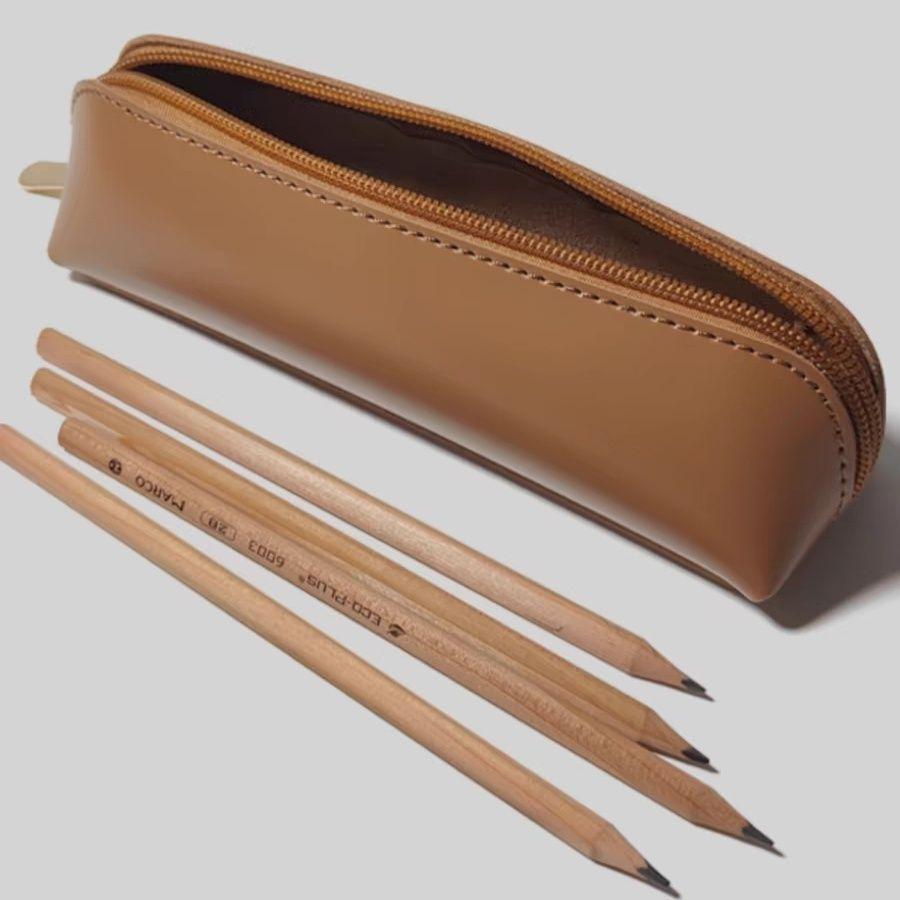 Solid Color Imitation Leather Pu Middle School Student Stationery Bag, Black Literary High School Student Large-capacity Pencil Steamed Bread Pencil
