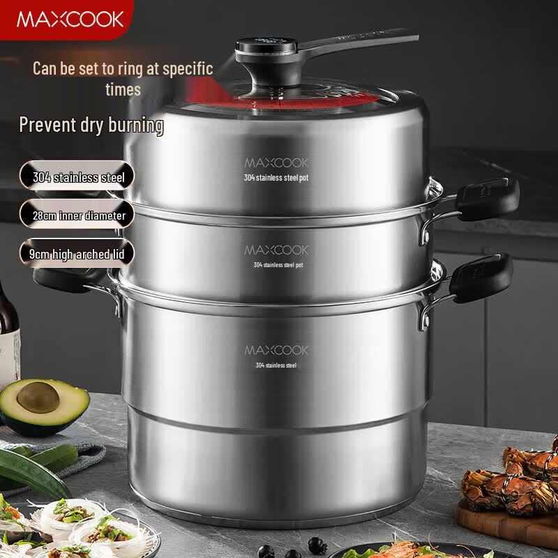 MAXCOOK 30CM 3-Layer 304 Stainless Steel Steamer Pot with Timer & Thermometer