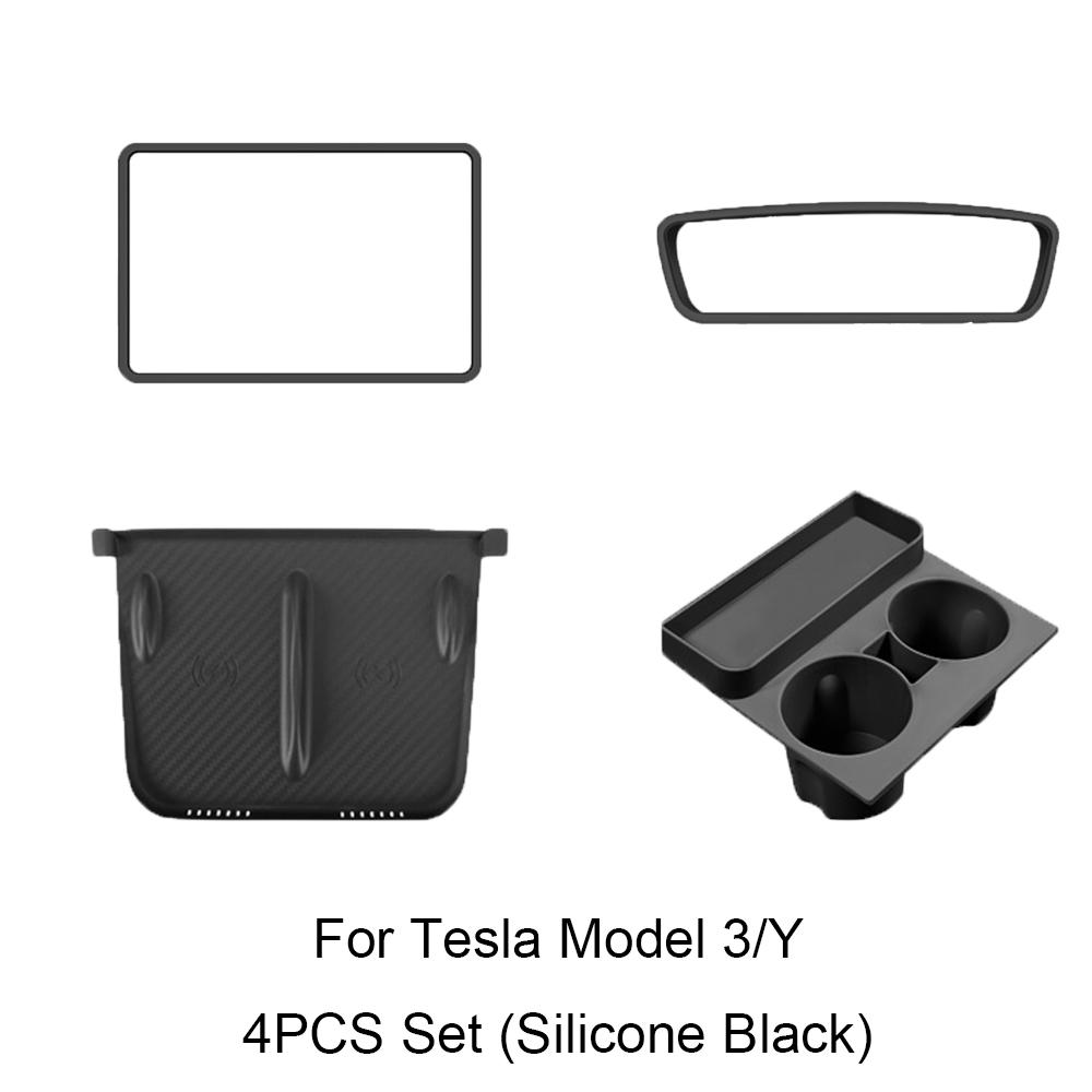 For Tesla Model 3/Y - Screen Silicone Protective Frame Wireless Charging Non-Slip Pad Card Limiter Silicone Cup Holder