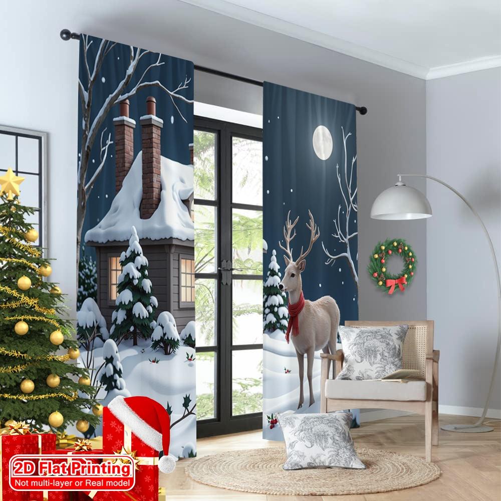 2pcs 2D Flat Printing Merry Christmas Popular Curtains Winter Deer House Snow 100% Polyester Without Electricity Party