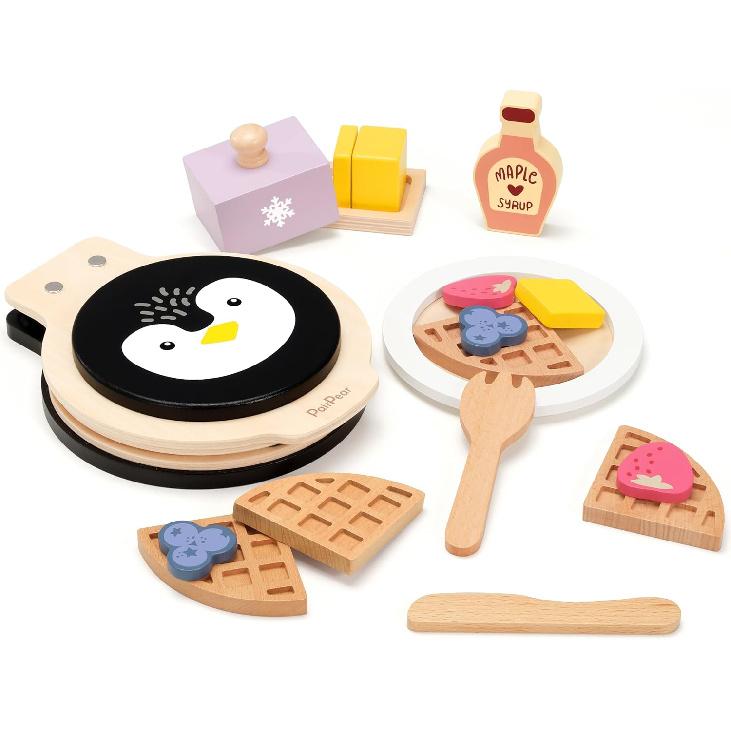 PairPear Wooden Waffle Maker Toy Food Playset, Kids Pretend Play Food Kitchen Accessories, Wooden Cooking Toy Baking Playset, Toddler Play Breakfast