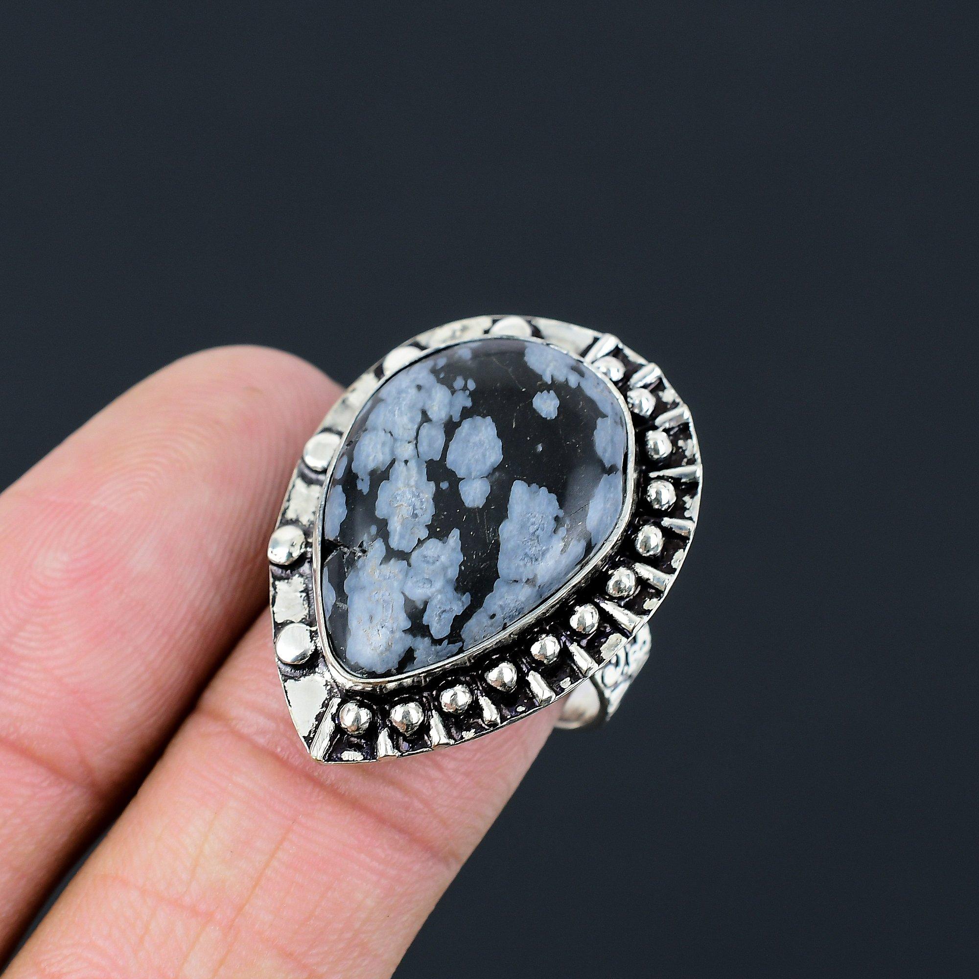 925 Silver Pear Natural Snowflake Obsidian Wedding Multi Stone New Ring Size 8.5 8.5
